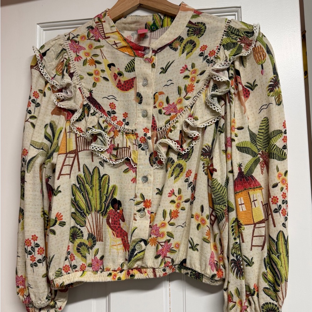 FARM Rio Cream Tropical Print Ruffle Blouse - Picture 2 of 3